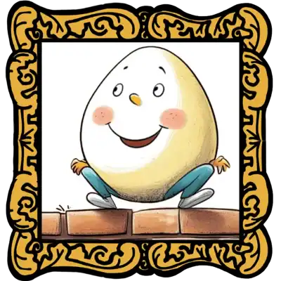 Audio Story in a gold frame: A happy Humpty Dumpty sitting on a wall against an orange background - Classic Children’s Nursery Rhyme