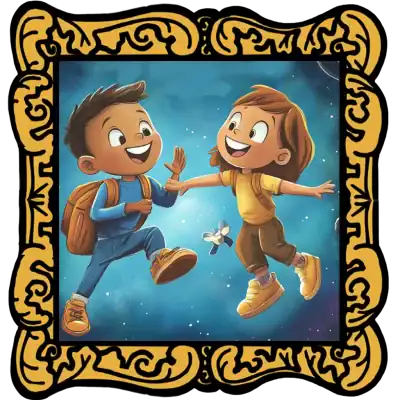 Audio Story in a gold frame: Two children jumping joyfully in space showing off their yellow shoes - Classic Counting Nursery Rhyme