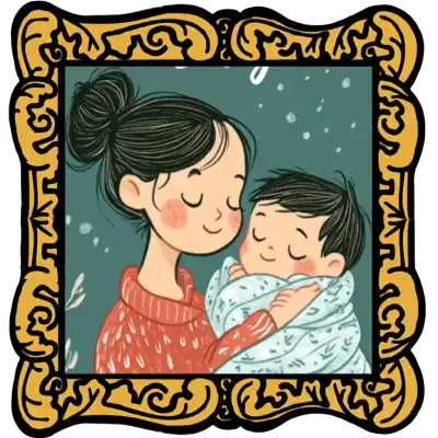 Audio Story in a gold frame: A mother holding a sleeping baby on a teal background - Traditional Nursery Rhyme