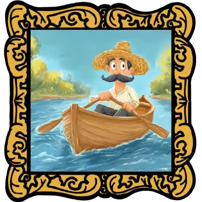 Audio Story in a gold frame: A man rowing a boat with oars on a blue river. He has a large mustache - Traditional Nursery Rhyme with Music