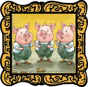 The Three Little Pigs build houses of straw, sticks, and bricks. Audio Story in a gold frame: Three cheerful little pigs in matching green outfits ready to build their houses - Classic Children’s Fairy Tale