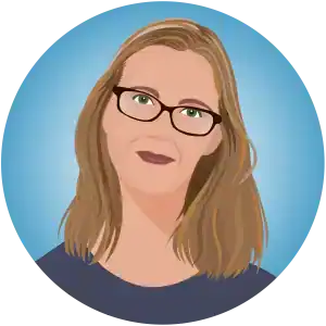 A digital illustration avatar of Elizabeth Lewis, co-founder of Kooky Kids World. Elizabeth is a former teacher with long brown hair and glasses, shown in a friendly portrait with a blue circular background.