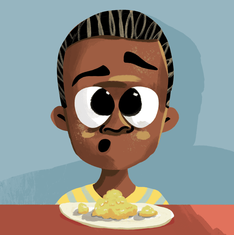 I like eggs scrambled, but...Luzuka with a plate of scrambled eggs in front of him with a thoughtful expression on his face.