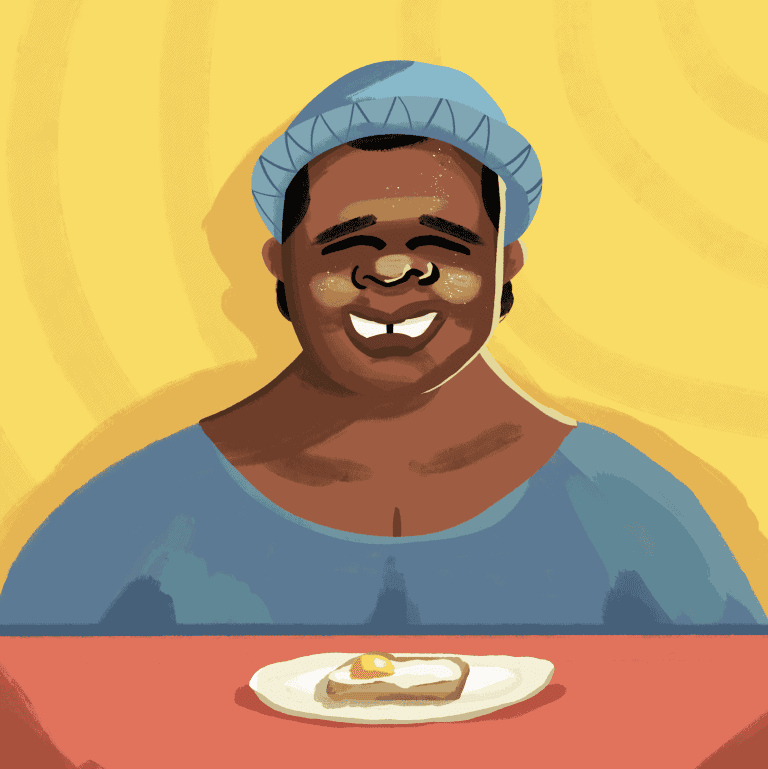 Do you want fried eggs, Luzuko? Someone sitting infront of a fried egg on bread.
