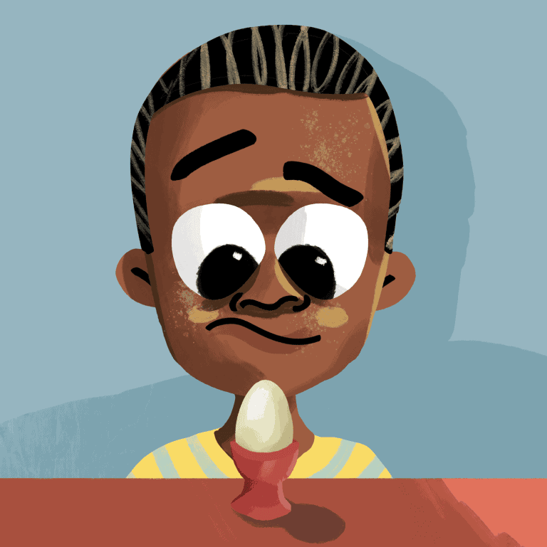 I ike boiled eggs, but..Luzuka looking at a boiled egg with an unsure expression on his face.