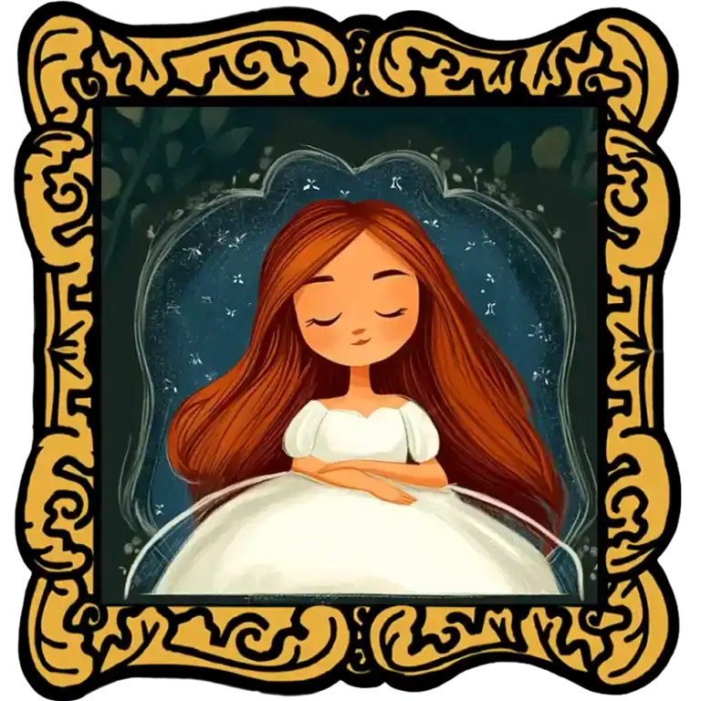 Audio Story in a gold frame: Sleeping Beauty resting in a magical dark alcove with tiny flowers - Classic Brothers Grimm Fairy Tale