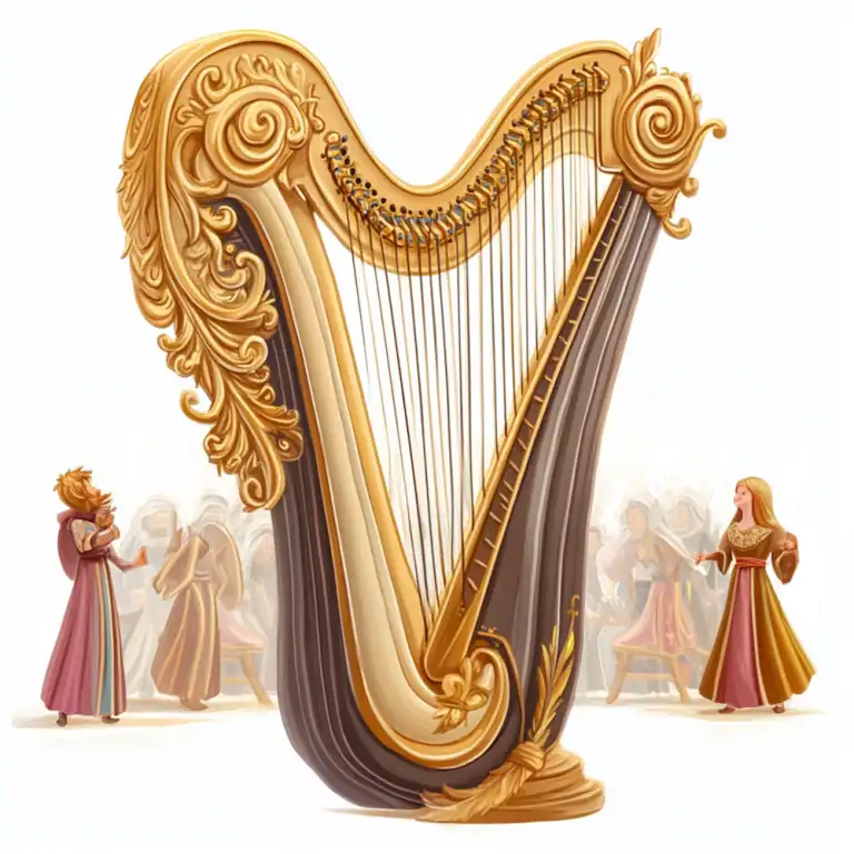 An ornate golden harp with intricate carvings and mystical figures - The Fairies' Harp also known as the Golden Harp (Welsh Folktale)