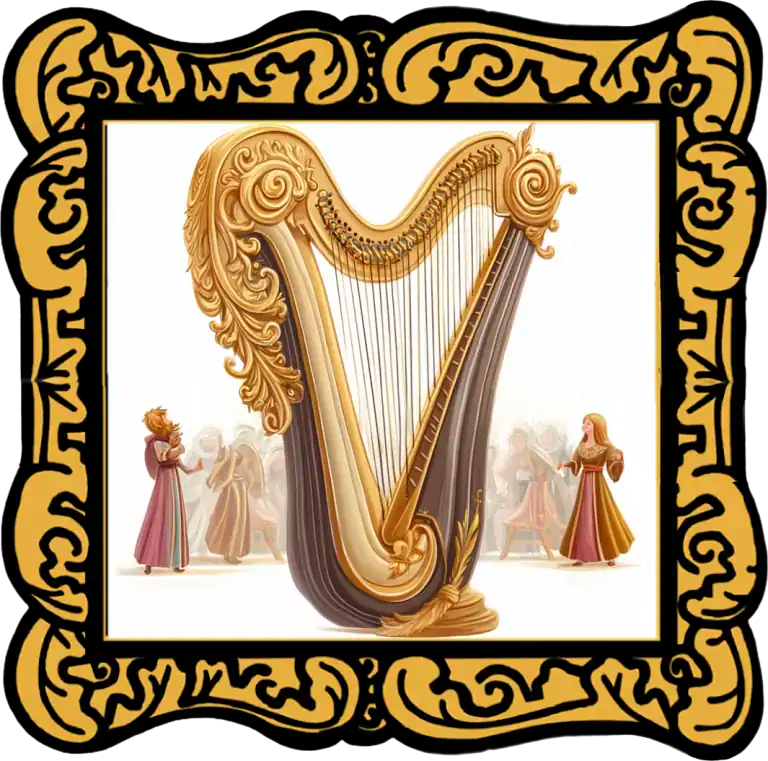 Audiobook cover of The Fairies’ Harp, also known as The Golden Harp – A Welsh Folktale. An ornate golden harp with intricate carvings and mystical figures -