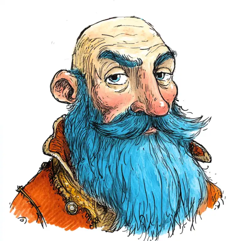 Portrait of a man with a long, vibrant blue beard and eyebrows in an orange coat - Bluebeard by Charles Perrault