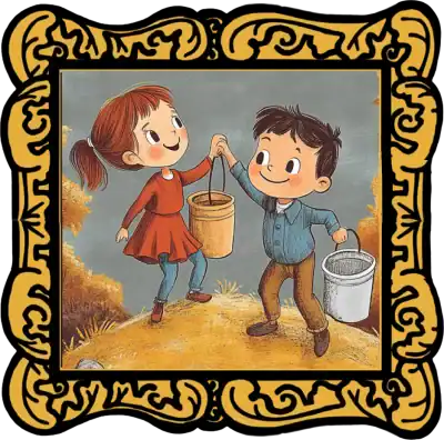 Audio Story in a gold frame: Jack and Jill carrying buckets of water together on a sunny hill - Classic Children’s Nursery Rhyme