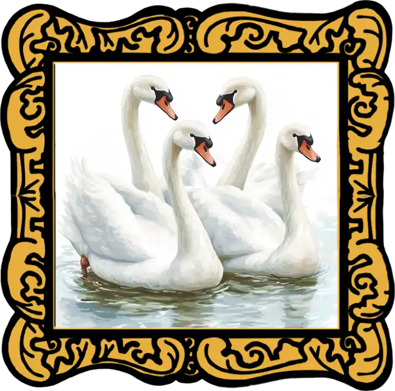 Audio Story in a gold frame: The four transformed siblings as swans on a peaceful lake - Traditional Irish Legend