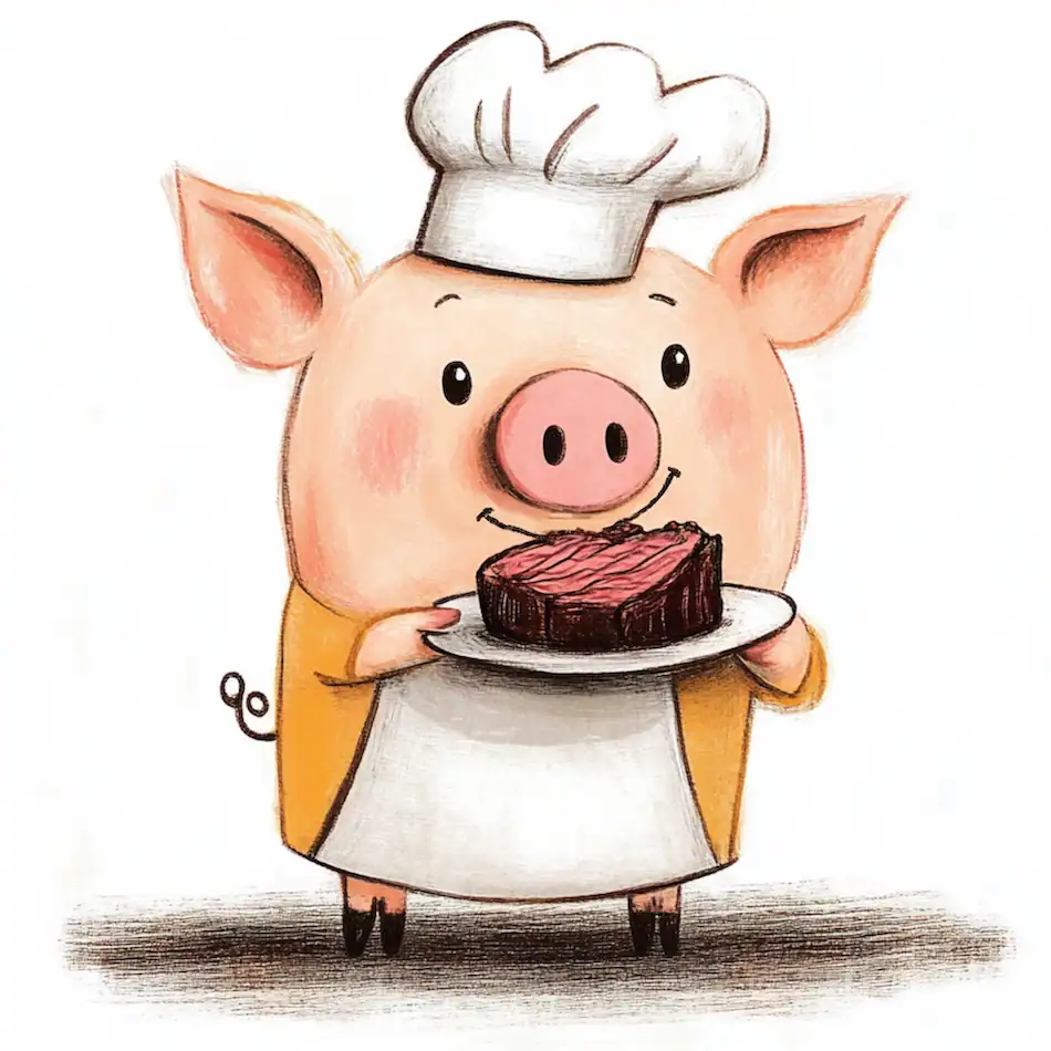 Piggy in chef hat holding roast beef
