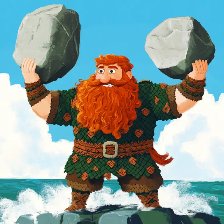 A powerful red-bearded giant named Finn MacCool (Fionn Mac Cumhaill) lifting two large boulders while standing in the ocean - Finn MacCool and the Giant's Causeway. : Irish Folktale