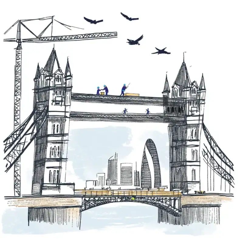 Construction workers on Tower Bridge scaffolding