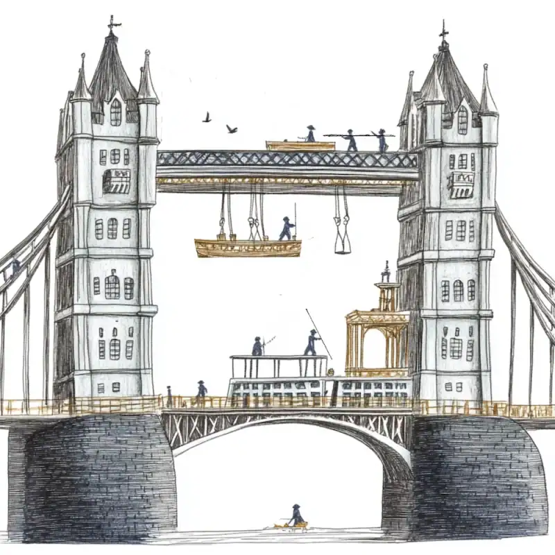 Tower Bridge drawn mid-collapse with broken parts