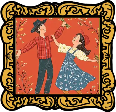 Audio Story in a gold frame: A happy couple dancing on an orange background - Traditional Nursery Rhyme with Audio