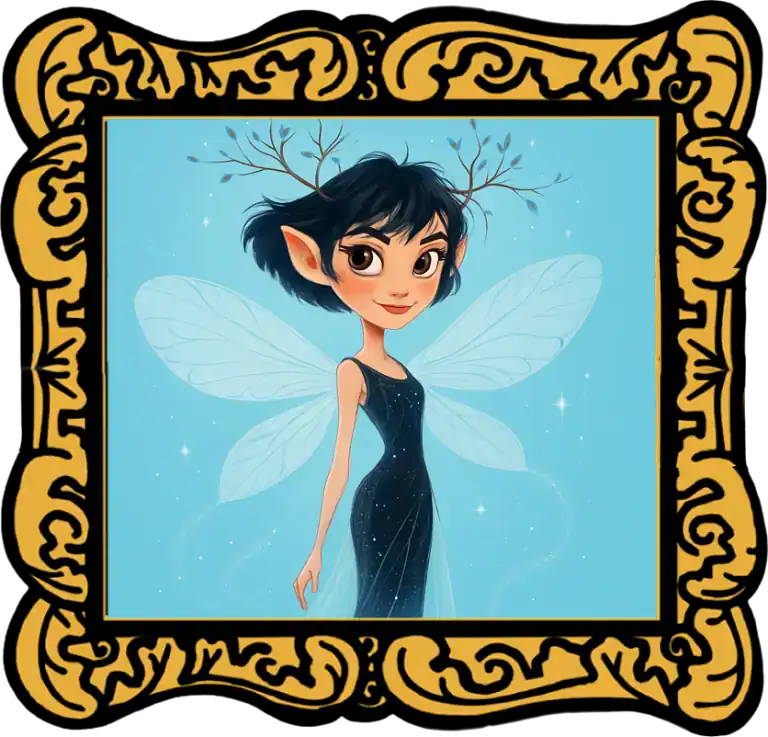 Audio Story in a gold frame: The mysterious fairy woman Whuppity Stoorie with delicate wings and branch antlers - Classic Scottish Folktale