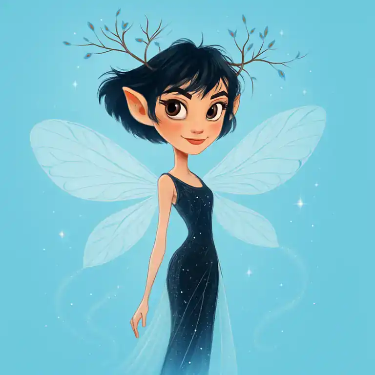 A slender fairy with dark hair, pointed ears, and branch-like antlers wearing a sparkling navy gown - Whuppity Stoorie