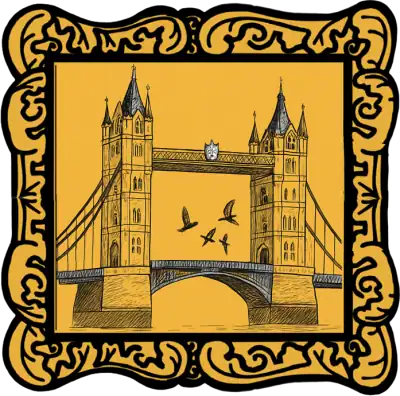 Audio Story in a gold frame: A classic architectural drawing of London's iconic bridge over textured water - Classic Children’s Nursery Rhyme