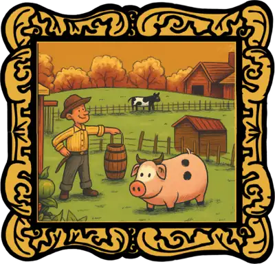Audio Story in a gold frame: Old MacDonald and his farm animals in a golden sunset pasture - Classic Children’s Nursery Rhyme