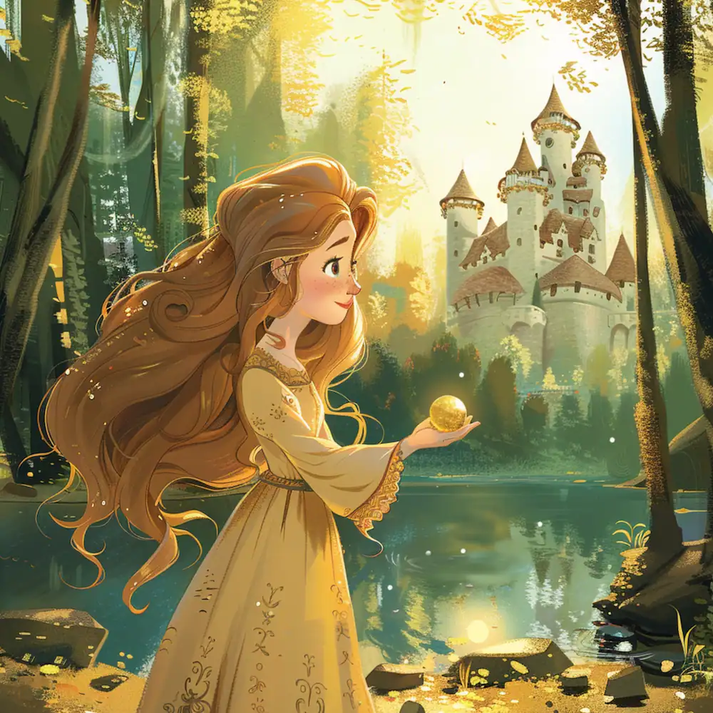 Princess playing with golden ball near forest lake
