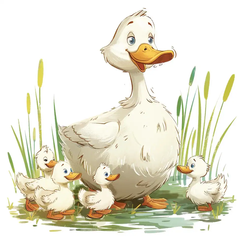 Mother duck with four fluffy ducklings