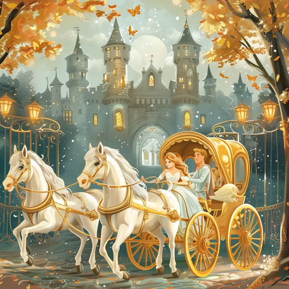Prince and princess leaving castle in golden carriage