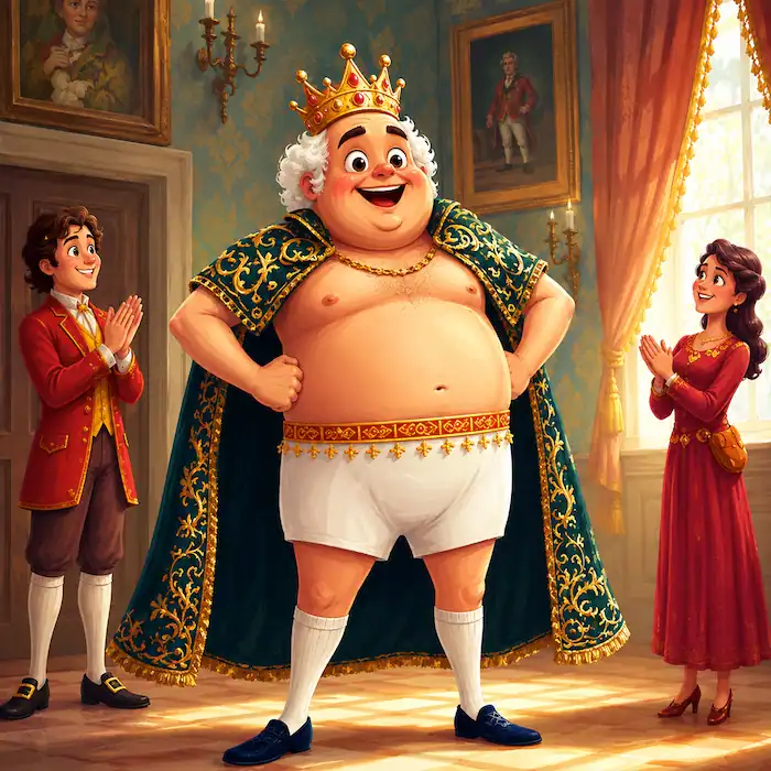 the emperor looks proud in his dressing room and the staff clapping