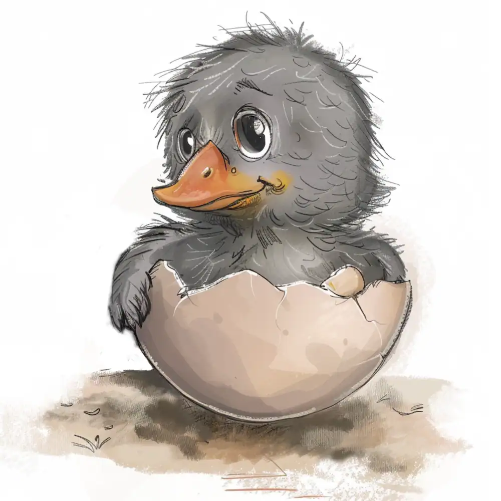 Grey duckling hatching from a large egg