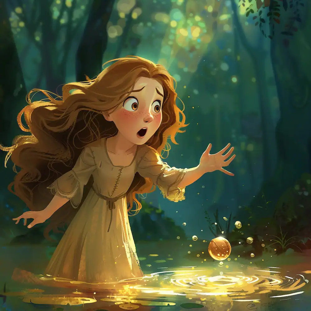 Princess surprised as her golden ball falls into the lake