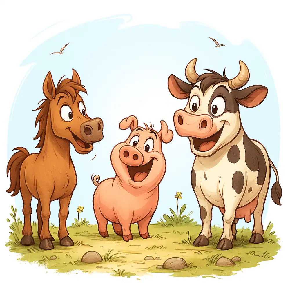 Horse, pig and cow laughing in the sunshine