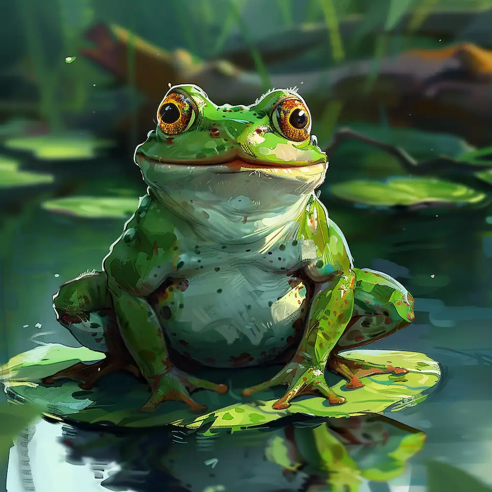 Close-up of green frog sitting on a lily pad