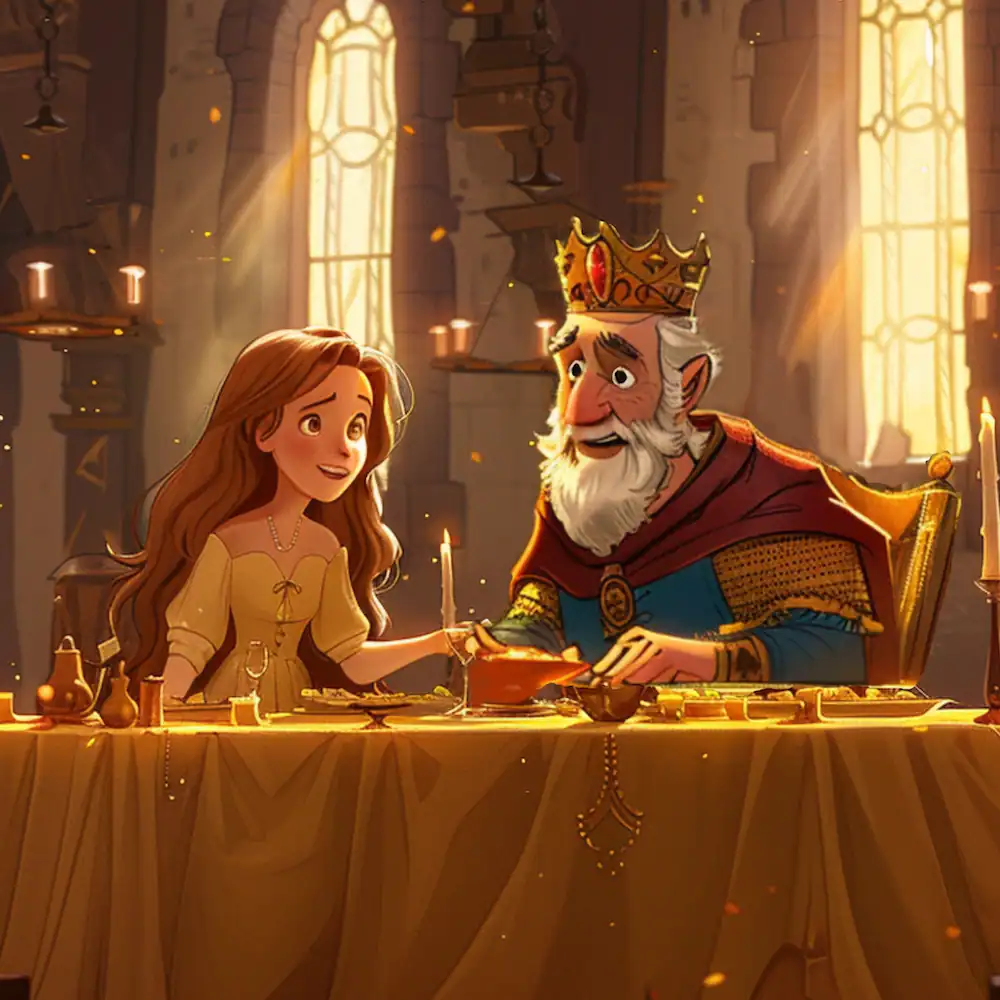 Princess dining with the king in a golden hall