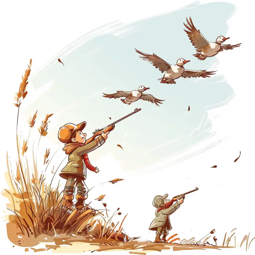 Hunters aiming rifles at flying wild geese