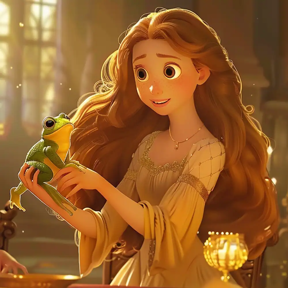 Princess reluctantly holding the frog in her hands
