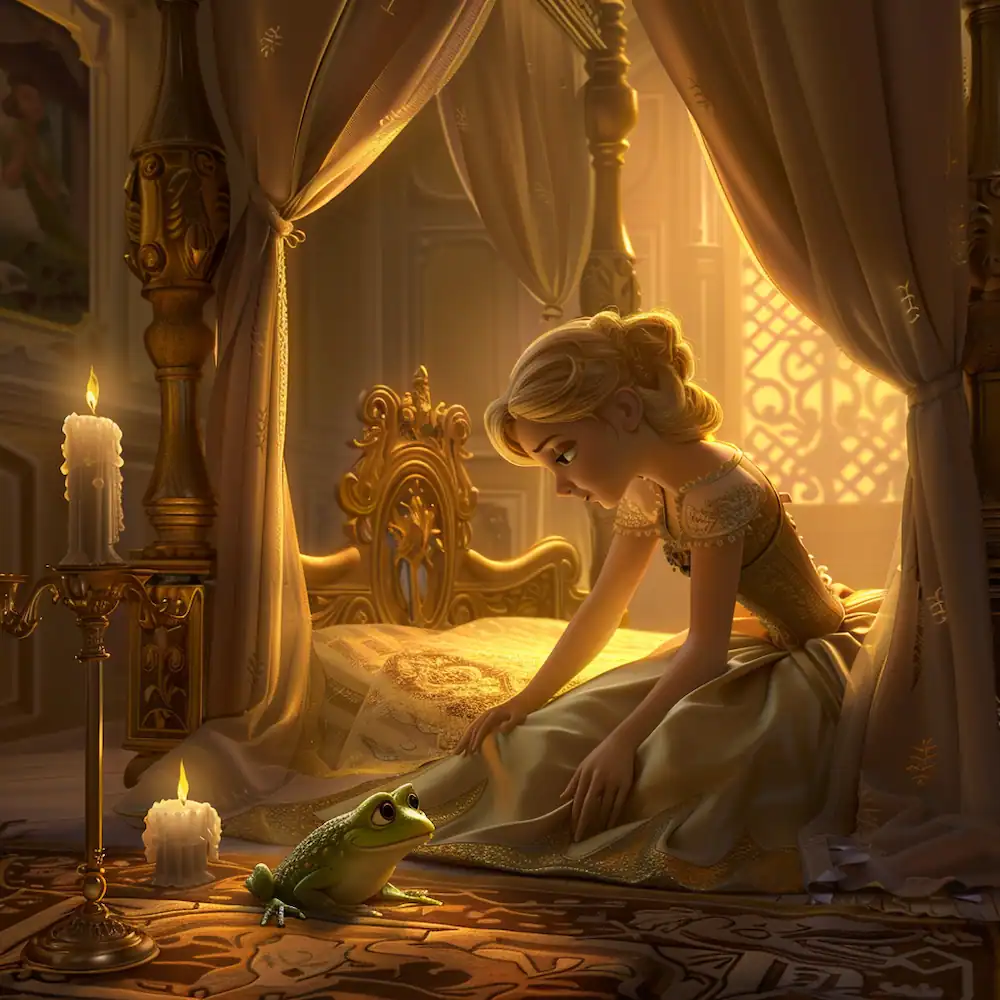 Princess and frog together in candlelit bedroom