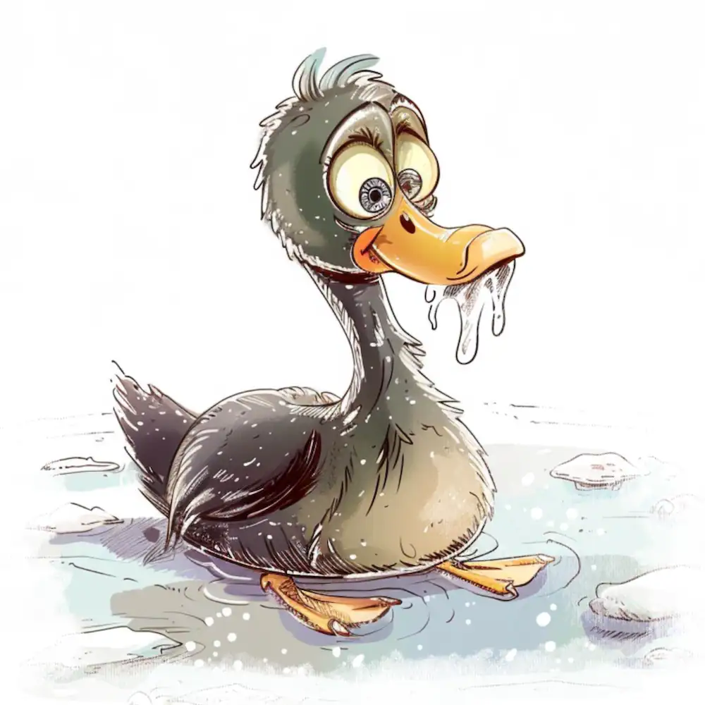 Duckling frozen in an icy pond