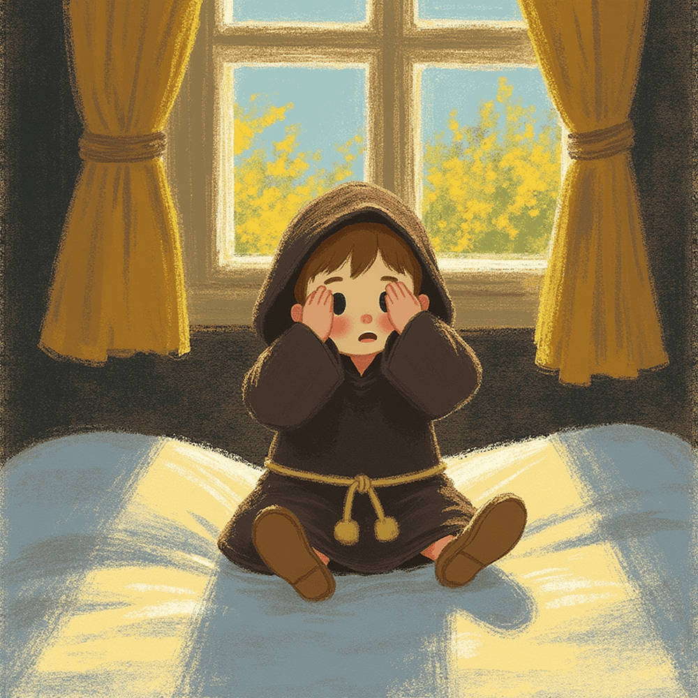 Child resting peacefully in bed in a monastery room