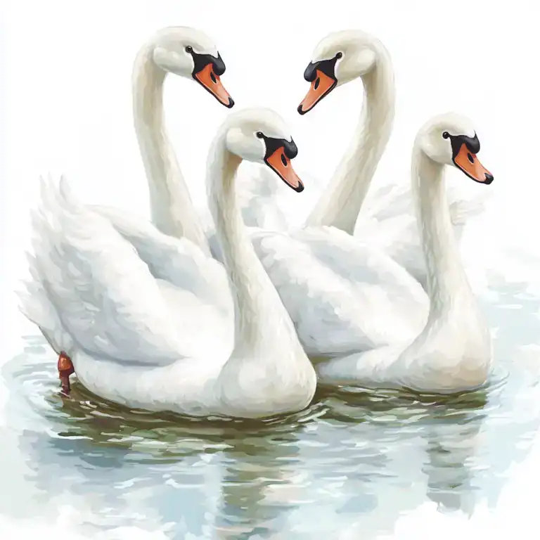 Four elegant white swans swimming together on a calm lake with a small gold bell on one swan's leg - The Children of Lir