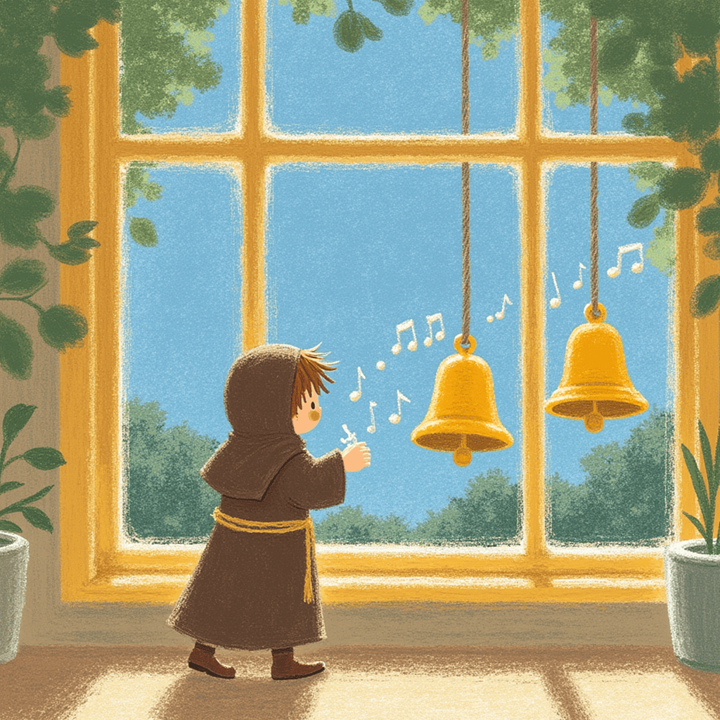 Child watching two golden bells by a window