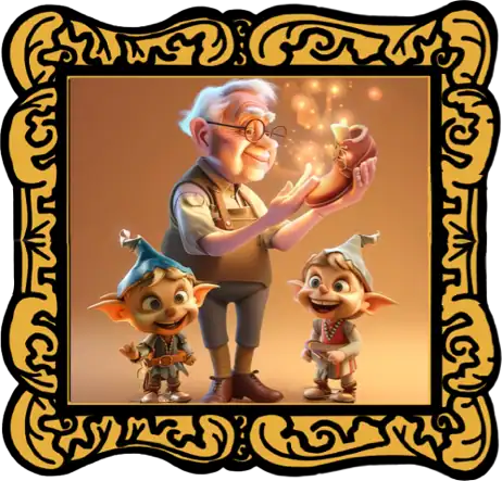 Audiobook cover for The Elves and the Shoemaker featuring shoemaker and two elves in a cosy workshop