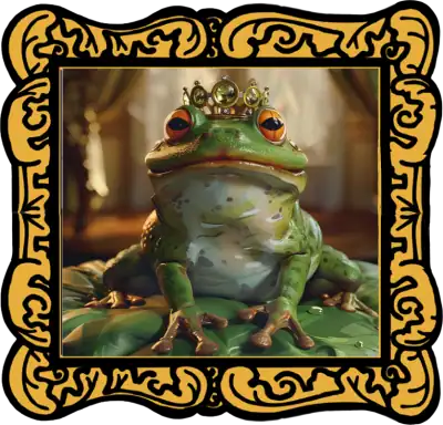 Audio Story in a gold frame: A regal frog with a crown sitting on a throne - Classic Brothers Grimm Fairy Tale