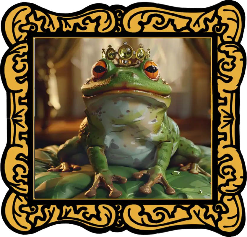 Framed image of frog with golden crown and jewels