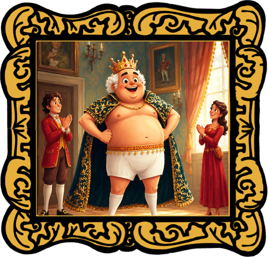 Audio Story in a gold frame: The Emperor proudly parading in his "invisible" clothes and a gold crown - Classic Andersen Fairy Tale