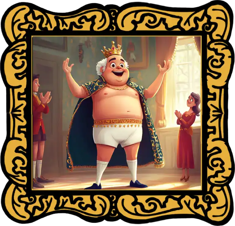 Audio Story in a gold frame: The Emperor proudly parading in his "invisible" clothes and a gold crown - Classic Andersen Fairy Tale
