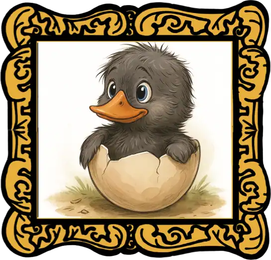 The Ugly Duckling by Hans Christian Andersen sitting in a egg with a picture frame around him