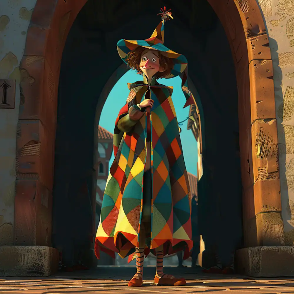 Pied Piper stands at city gates in colourful patchwork cloak