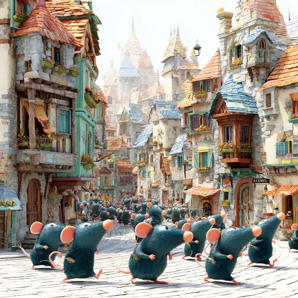 Cartoon rats scurry through colourful medieval town streets