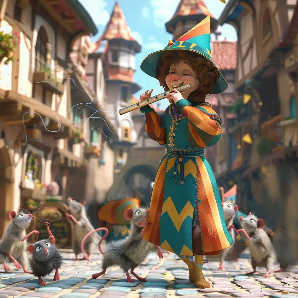 Pied Piper playing his flute as rats gather around him