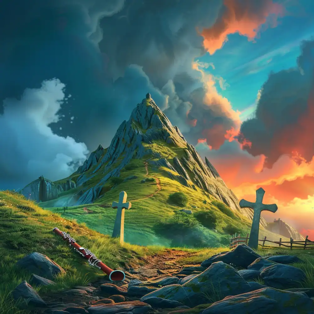 A flute lies abandoned near a mountain path at sunset